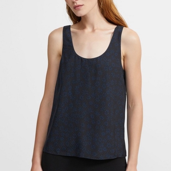 Theory Flower-Print Scoop Tank Top Silk Blouse Black Blue Floral Size L - Picture 2 of 11